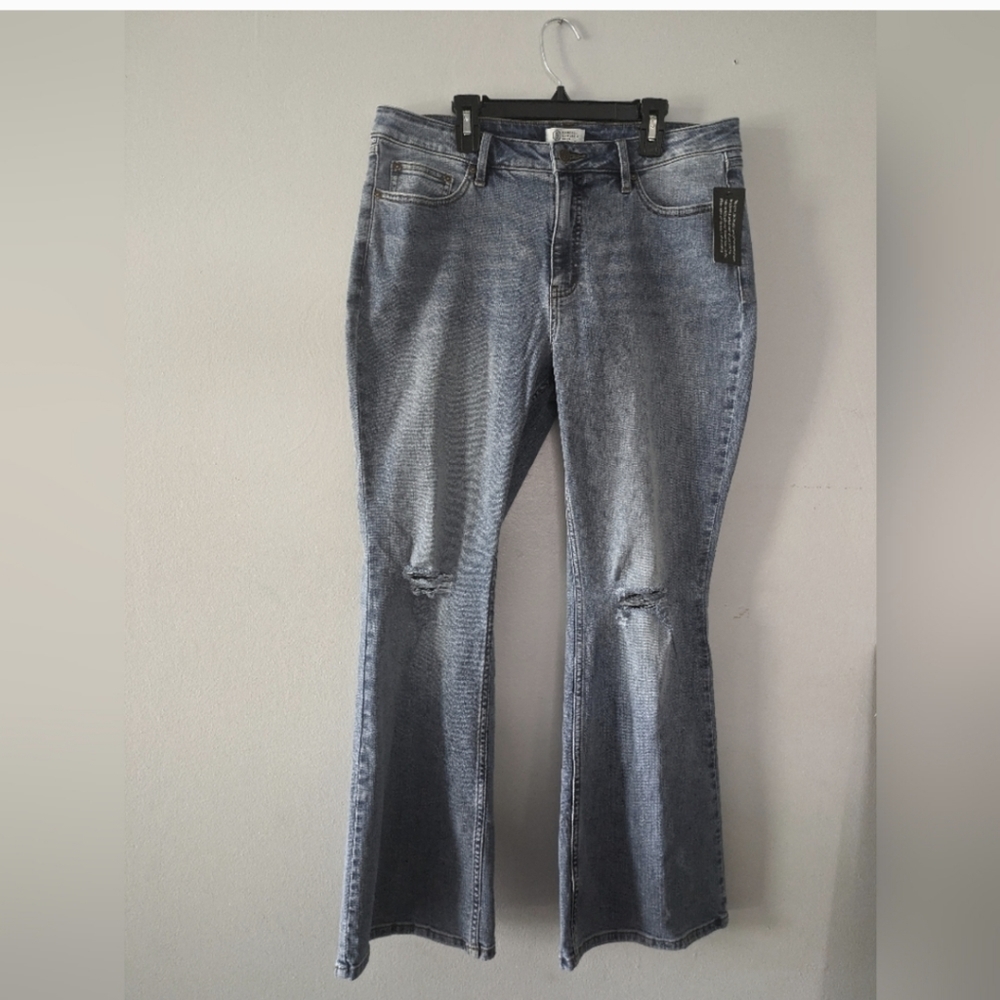 Candace Cameron Bure Deconstructed Flare Jeans 14P NWT Distressed Denim Petite